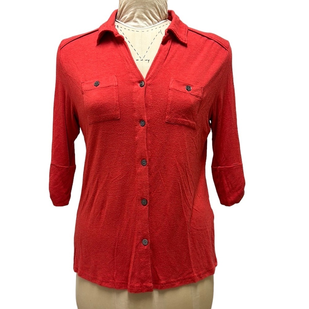 Baukjen | Button Down Top 3/4 Sleeve Jersey Knit Red‎ Shirt 12